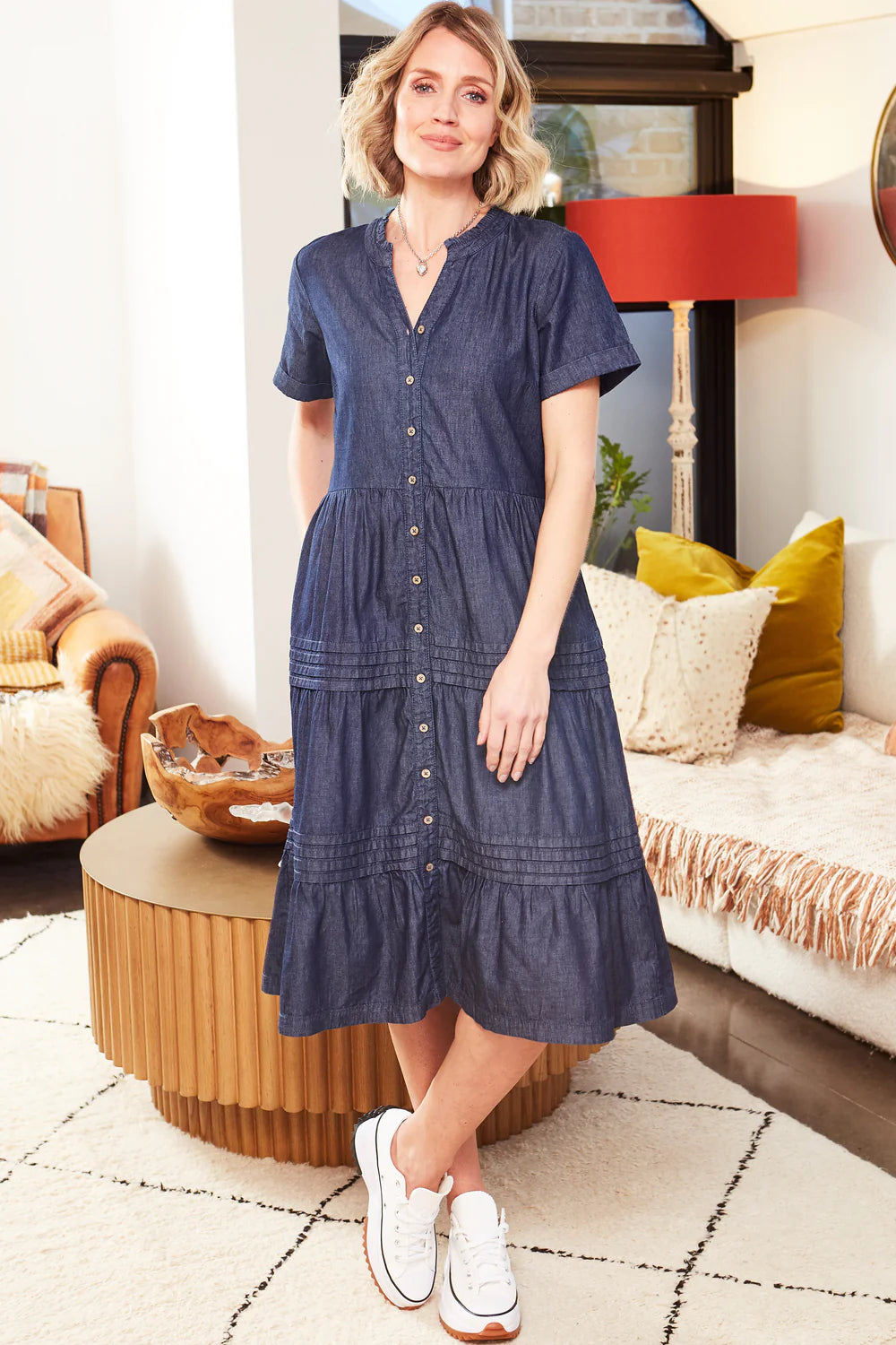 Button Through Tiered Denim Dress