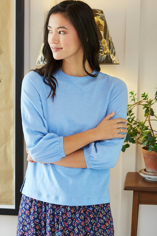 Gathered Cuff Crew Neck Jersey Tee in Placid Blue