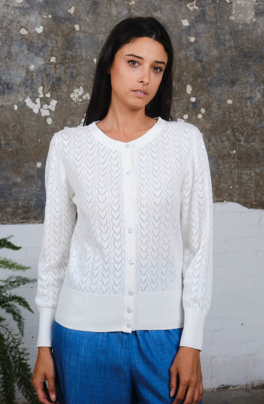 Heart Pointelle Cardigan In Egret White