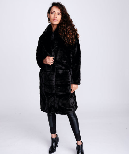 Midi Faux Fur Coat - Black
