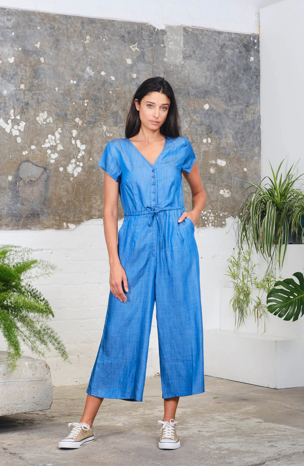 S/S Playsuit In Chambray Print