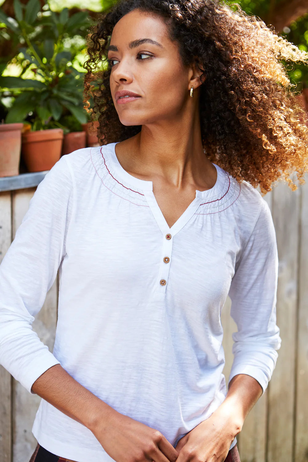 Smocking Detail Grandad Jersey Tee in White